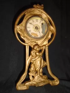 ANTIQUE ART NOUVEAU WARNER 1511 BRONZE GILDED MANTEL CLOCK - Picture 1 of 10