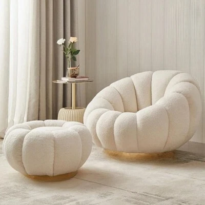 ROSOHOME.CO.UK Boucle chair accent armchair with ottoman and gold swivel - white
