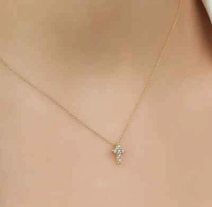 14K Solid Yellow Gold Minimalist Diamond Cross Necklace - Picture 1 of 7