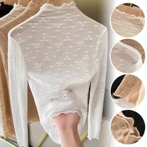 Damen Spitzen Shirt Tops T-Shirts Rollkragen Bluse Langarm Slim Basic T-Shirt. - Bild 1 von 16
