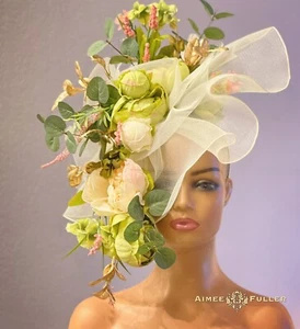 Royal Ascot Fascinator Kentucky Derby Hat Cream Sage Green Pink Flower Cascade - Picture 1 of 24