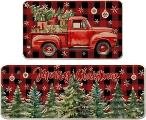 Christmas Kitchen Mats for Floor - Farmhouse Truck Red and Black Buffalo Plaid C - Picture 1 of 12