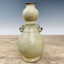 9.1" Antique Song dynasty Porcelain guan kiln mark gilt poetry double ear vase 