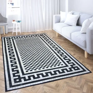 Alfombra geométrica de cuero de vaca, diseño de retazos, negro/blanco/marrón - Imagen 1 de 37