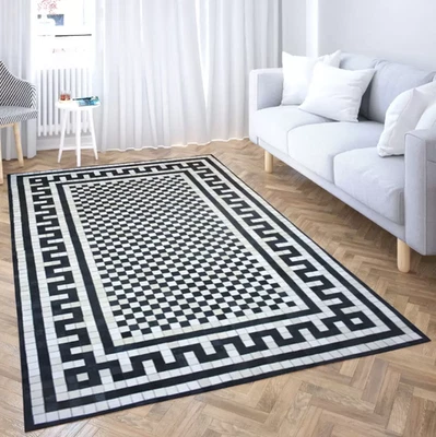 Geometric Cowhide Area Rug, Patchwork Design, Black/White/Brown - Image 1 of 4