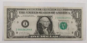2017 A $1 FEDERAL RESERVE BANKNOTE LOW SERIAL NUMBER I 00026144 A PLATE #6 - Picture 1 of 5
