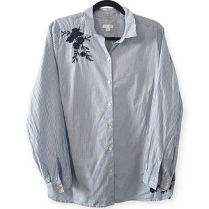 J. Jill Women’s Medium Blue Stripe Button Down Blouse Floral Embroidered Collar - Picture 1 of 4