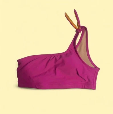 Top de bikini antiguo azul marino. Hombro de una sola corbata fucsia tablero de naranja talla mediana  Foto 1 de 4