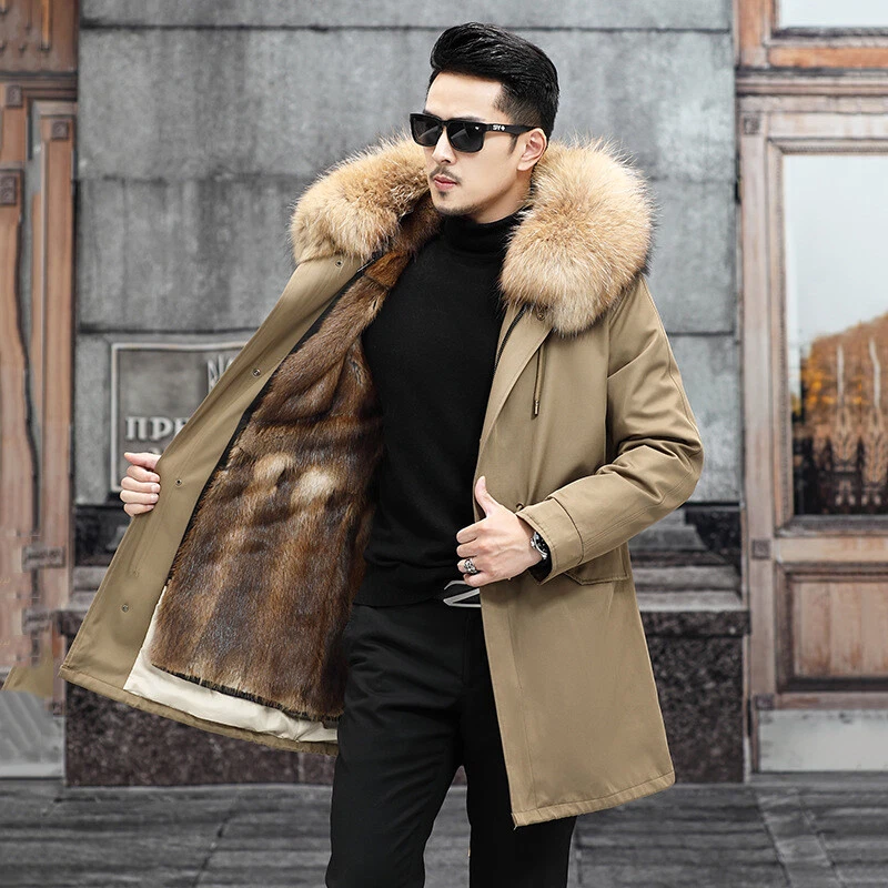 Abrigo Parka Cálida Para Hombres Piel de Zorro Genuina 100% Piel de Visón Real Forro Chaqueta Foto 1 de 4