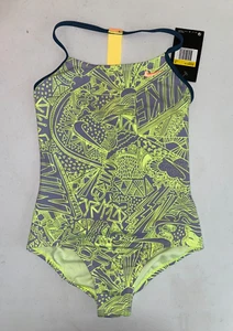 Nike Girls Volt Glow Doodle T-Back One Piece Swimsuit Size Medium - Picture 1 of 3