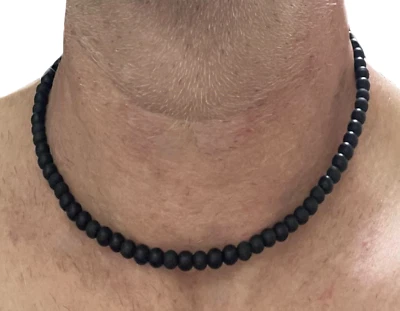 Collana pietre dure onice nero da uomo in acciaio inox lunga 45 cm con donna di - Immagine 1 di 4