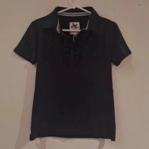 Kangol Womens UK 12 Navy Short Sleeved Collared Cotton Frill Polo NWT - Picture 1 of 7