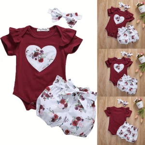 Infant Girls Clothes Ruffled Sleeve Romper Top Cute Floral Shorts+Headband Sets - Picture 1 of 12