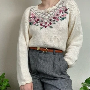 Vintage 1980s Womens Hand Knit Cotton Blend Pink Heart Oversized Sweater Sz S - Picture 1 of 8