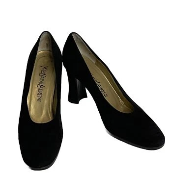 "Zapatos de tacón grueso vintage Yves Saint Laurent de gamuza negra de 3,5"" talla 6,5" Foto 1 de 4
