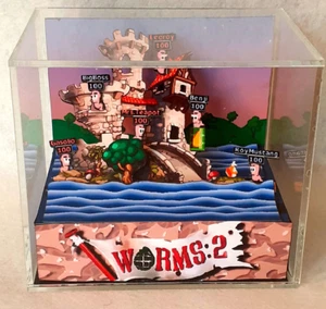 Worms 2 - 3D Cube Handmade Diorama - Video Games - Shadowbox - Picture 1 of 2