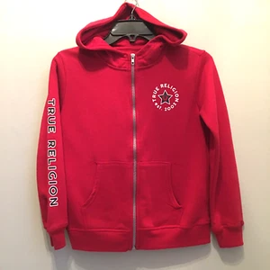 True Religion Hoodie Star Graphic Logo Boys Medium Red Zip Sweatshirt Spellout - Picture 1 of 16