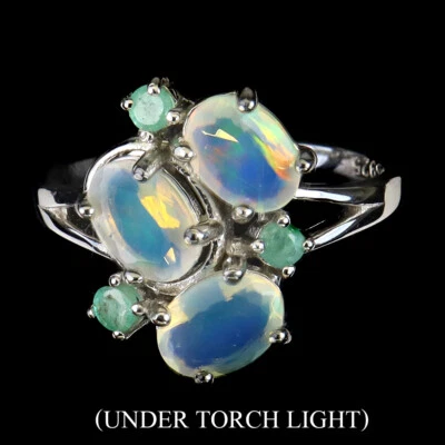 925 Anello Argento Sterling Ovale Opale di Fuoco 7x5mm Smeraldo Gemma Gioielli - Immagine 1 di 4