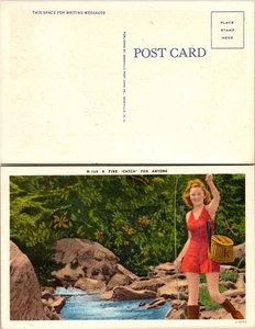 AK Mädchen fängt Fische im Bach - Vintage Touristen Souvenir - Bild 1 von 1