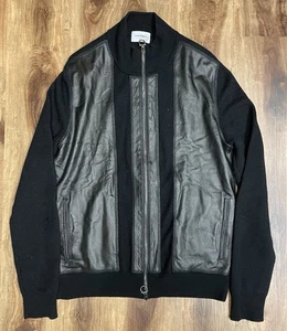 Salvatore Ferragamo Hombres Cuero Lana Virgen Negro Chaqueta Bomber Manga Tejida - Imagen 1 de 10