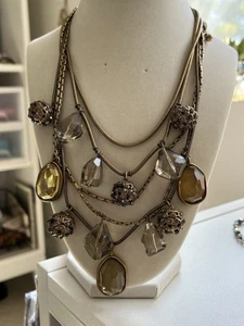 CHICO'S Antiqued Bronze Tone Multi Strand Bib Statement Necklace Glass Green - Picture 1 of 6