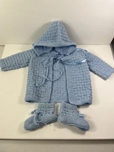 Handgestricktes Baby hellblau Pullover Mütze & Bootie Slipper Set ca. 0-6 Monate - Bild 1 von 10