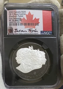 2022 CANADA $20  QE II ROYAL CYPHER RHODIUM NGC PF70 MATTE W/SUSAN TAYLOR AUTO. - Picture 1 of 4