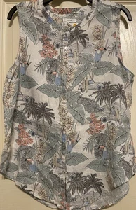 C&C California Size Large Tropical Surf Print Linen Button Front Top Sleeveless - Picture 1 of 11
