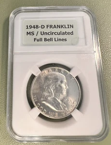 1948 D Franklin Half Dollar Full Bell Lines MS/Uncirculated 90% Silver - Picture 1 of 4