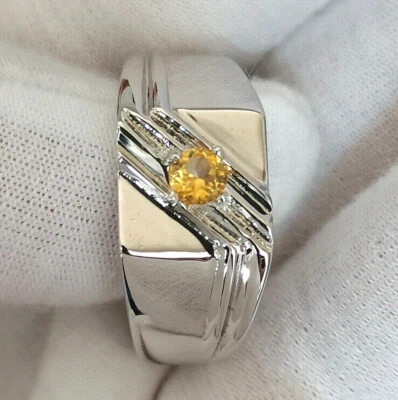 天然黄色黄水晶银色男士戒指 4 毫米宝石尺寸 11 11 11 月诞生石 — 第 1/4 张图片