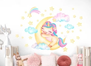 Sleeping Unicorn with Moon Dreamy Rainbow Stars Clouds Wall Decals Stickers - Bild 1 von 5