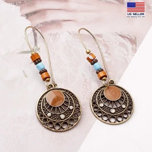 Women Vintage Bohemian Earrings Bronze Hollow Glazed Disc Sun Moon Hook 1787 - Picture 1 of 2