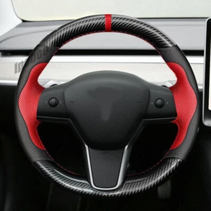 5D Carbon Fiber&Leather Steering Wheel Red Stitch Wrap Cover For Tesla Model 3 Y - Picture 1 of 8