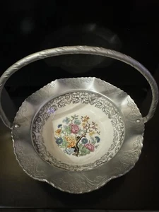 Vintage FARBER SHLEVIN Candy Bowl Basket Dish FINE CHINA ALUMINUM - Picture 1 of 3