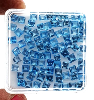 Natural Swiss Blue Topaz Square Cut Loose Gemstone Lot 50 Pcs 3 MM  - Image 1 of 3