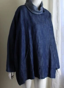 NWT Eskandar Sz 1 DENIM JEAN LINEN COTTON Monk Cowl Tunic Shirt Top 32"L - Picture 1 of 6