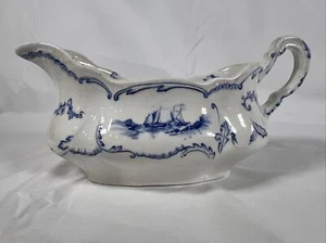ATQ Ridgways Delft Blauw Gravy Pitcher Molen Windmill Sailboat Scroll - Picture 1 of 21