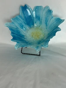 Large Akcam Turkish Art glass blue yellow bowl 11” by 4” Spring Flower Decor - Picture 1 of 5