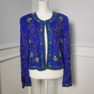 Vintage  Colbalt Blue Embellished Silk Jacket  With  Sequins  and Beads Niteline - Picture 1 of 15