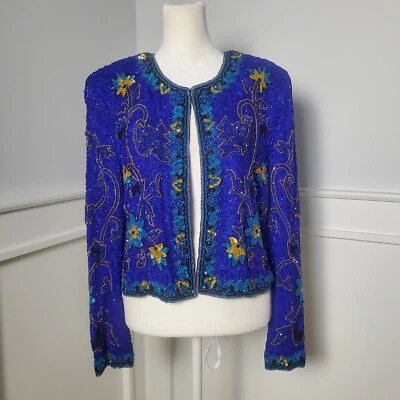 Vintage  Colbalt Blue Embellished Silk Jacket  With  Sequins  and Beads Niteline - Image 1 of 4