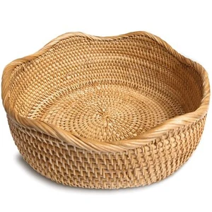 Handmade Rattan Bread Baskets Round Wicker Fruit Serving Storage Bowls Natural W - Picture 1 of 5