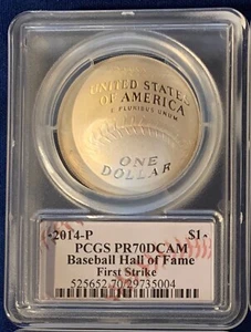 U.S. 2014-P BASEBALL HALL OF FAME SILVER DOLLAR, PROOF, CERTIFIED PCGS PR70-DCAM - Picture 1 of 2