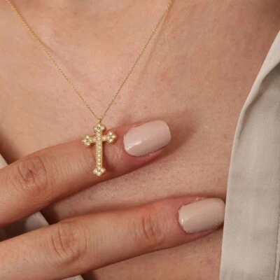 0.39Ct Natural Diamond Cross Pendant Necklace 14K Yellow Gold Plated - Image 1 of 4