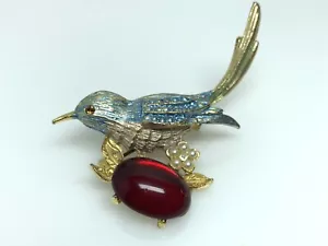 Vintage Enameled Jelly Belly Style Blue Bird Pin Brooch 1960’s Red Egg - Picture 1 of 10