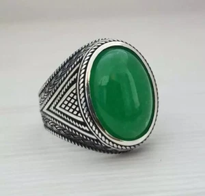 1925s Egyptian Art Deco Style Green Oval Shape Jade With 925 Real Silver Ring - Picture 1 of 7
