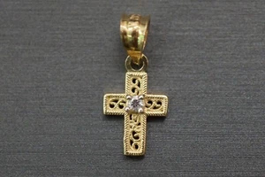 10K Solid Yellow Gold Tiny Crucifix Charm Cross Children Women CZ Pendant. - Picture 1 of 7