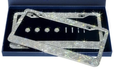 2 LUXURY White Diamond CRYSTAL Metal License Plate Frame Cap Made With Swarovski - Image 1 of 4