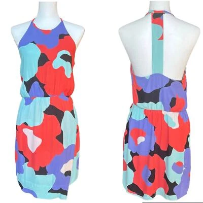 Vestido curto Annie Griffin gola alta costas falso envoltório roxo estampa aquática tamanho 10 - Imagem 1 de 4