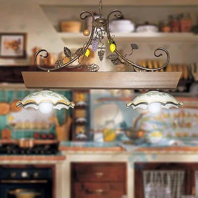 Chandelier Barbell Rustic 2 Lights Wrought Iron Wood Ceramics Caltagirone - Image 1 of 4