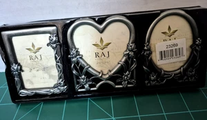 Raj 3 Pewter PIcture Frames w/ Flowers Free Standing 2"X3" & 2 1/2" X 2 1/2" - Picture 1 of 8